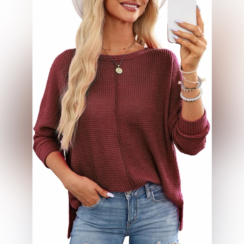 Dokotoo Womens Waffle Knit Tops Oversized Long Sleeve Shirts Crewneck Size M